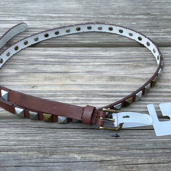 LODIS Women Belt Brown Leather Studded Skinny Belt - Picture 2 of 11